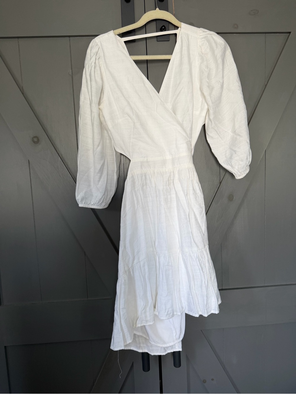 Express White High-Low Wrap Dress with Puff Sleeves